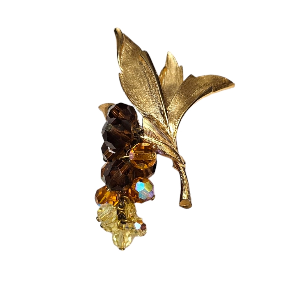 Vintage Leaf Brooch Textured Gold Tone Faceted Beads AB Coating Brown Tones